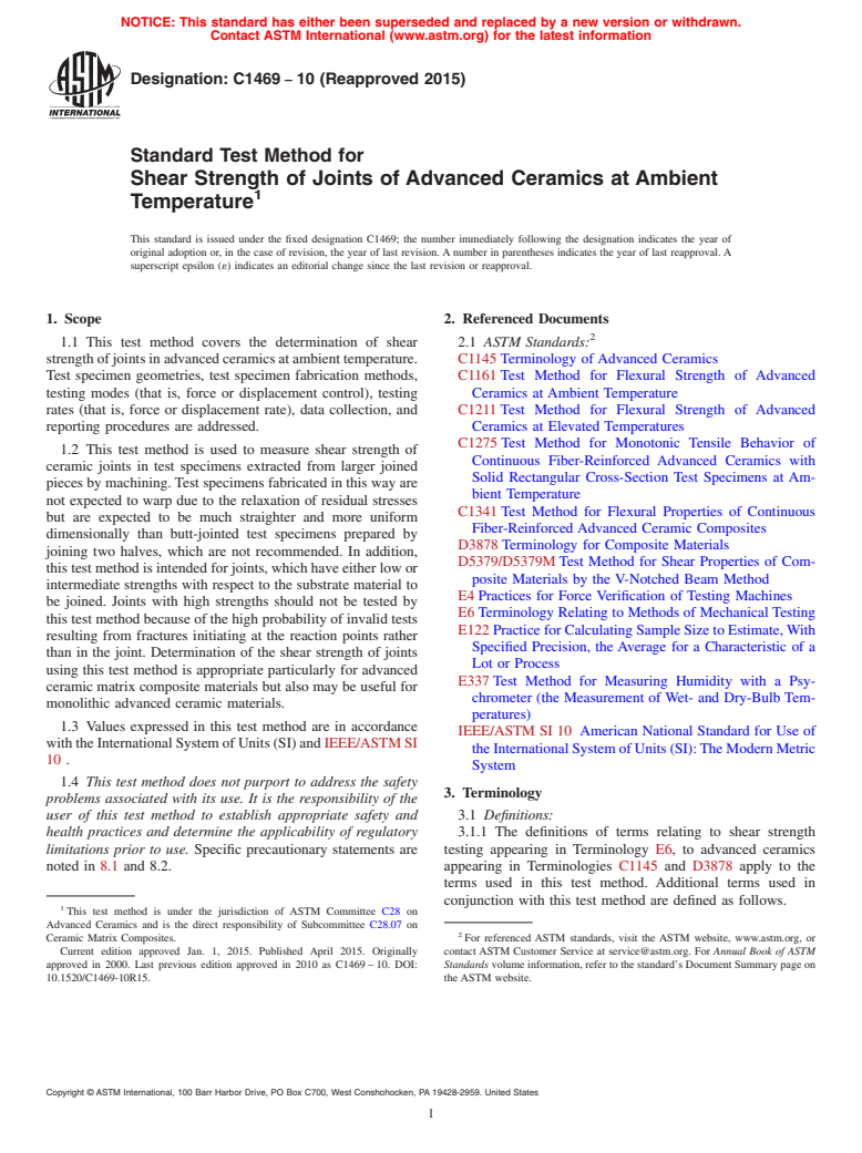 ASTM C1469-10(2015) - Standard Test Method for Shear Strength of Joints of Advanced Ceramics at Ambient Temperature