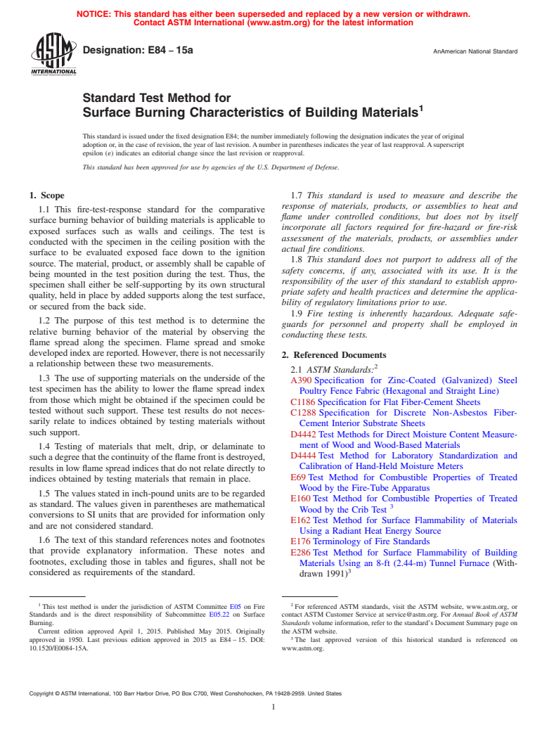 ASTM E84-15a - Standard Test Method for  Surface Burning Characteristics of Building Materials