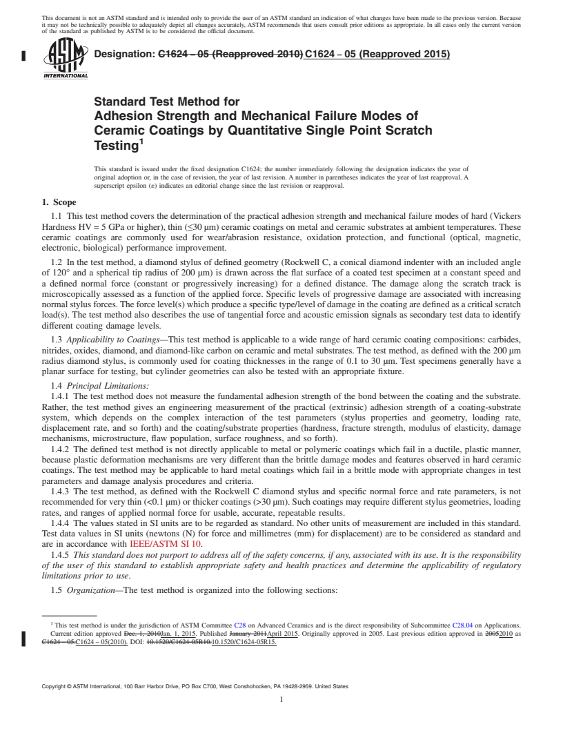 REDLINE ASTM C1624-05(2015) - Standard Test Method for Adhesion Strength and Mechanical Failure Modes of Ceramic Coatings   by Quantitative Single Point Scratch Testing