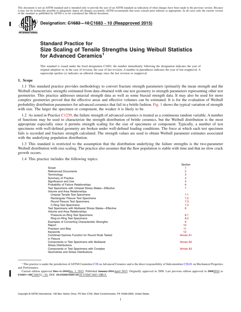 REDLINE ASTM C1683-10(2015) - Standard Practice for Size Scaling of Tensile Strengths Using Weibull Statistics   for Advanced Ceramics