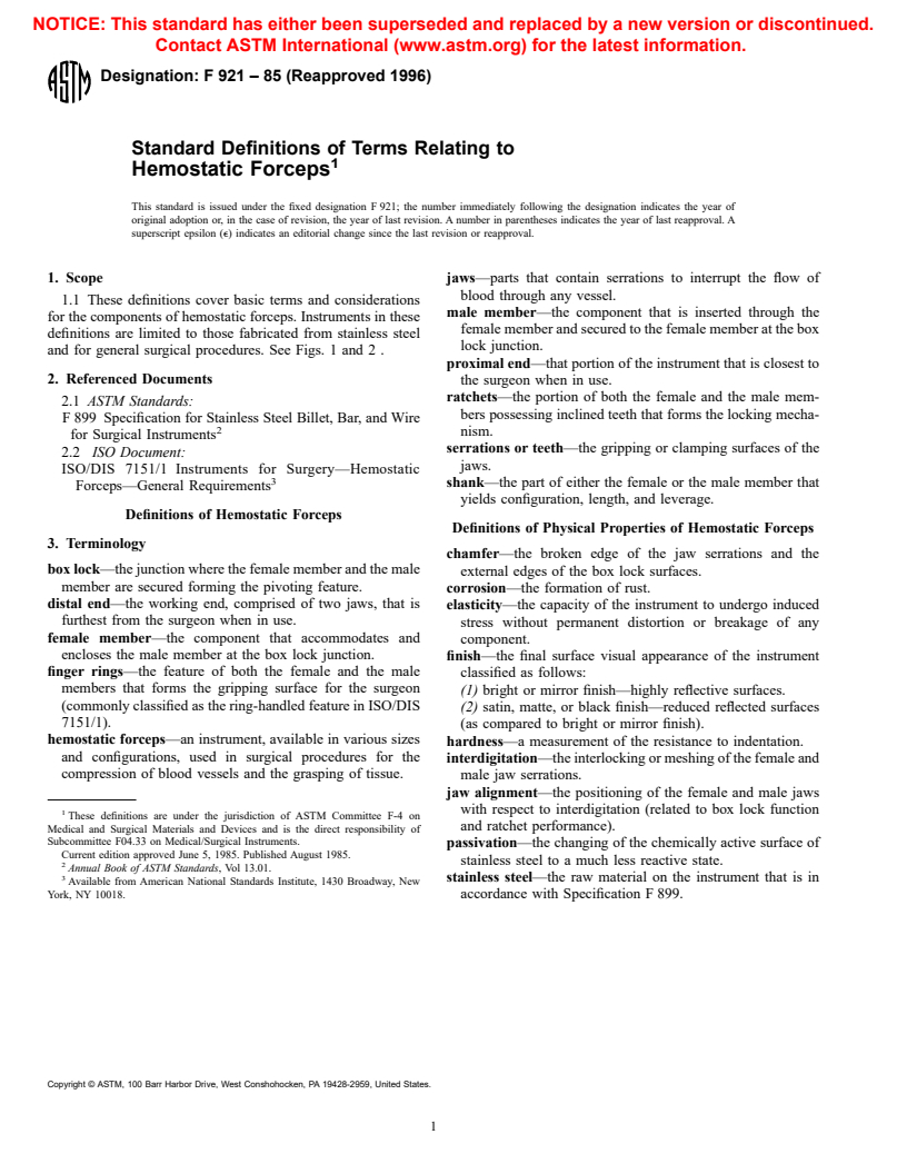 ASTM F921-85(1996) - Standard Definition of Terms Relating to Hemostatic Forceps