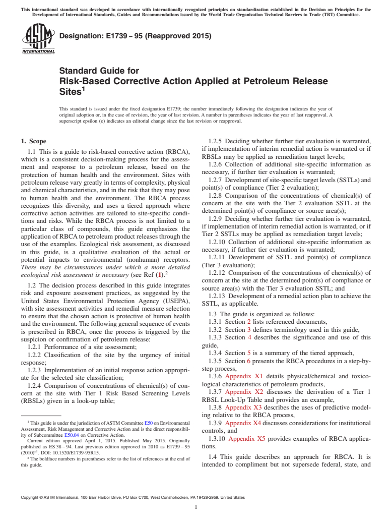 ASTM E1739-95(2015) - Standard Guide for  Risk-Based Corrective Action Applied at Petroleum Release Sites