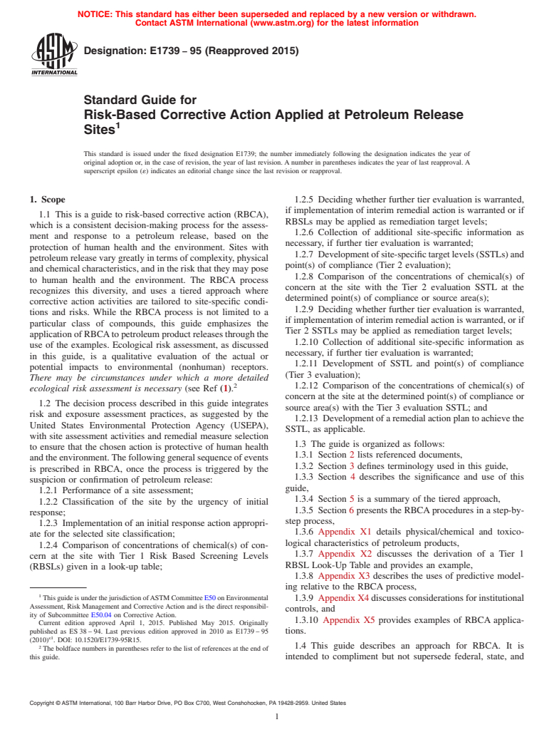 ASTM E1739-95(2015) - Standard Guide for  Risk-Based Corrective Action Applied at Petroleum Release Sites (Withdrawn 2024)