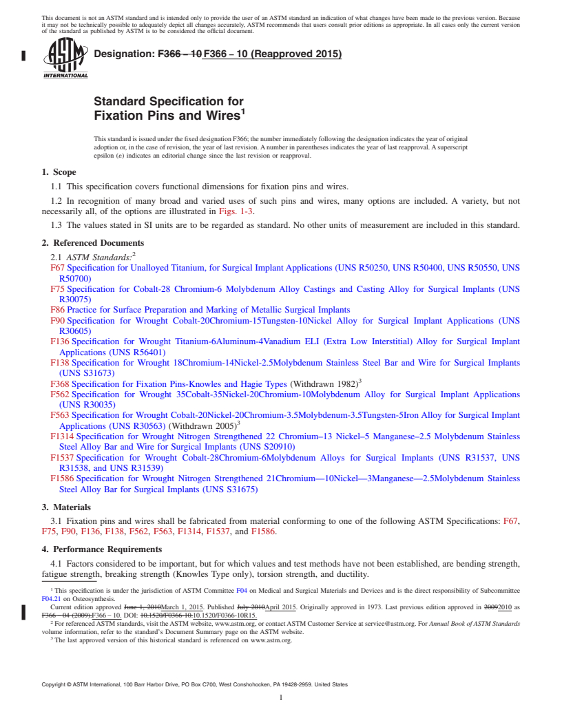 REDLINE ASTM F366-10(2015) - Standard Specification for  Fixation Pins and Wires