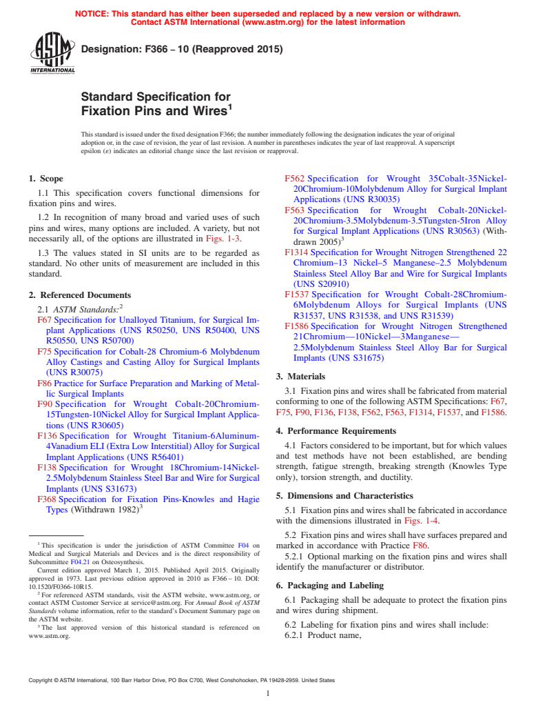 ASTM F366-10(2015) - Standard Specification for  Fixation Pins and Wires