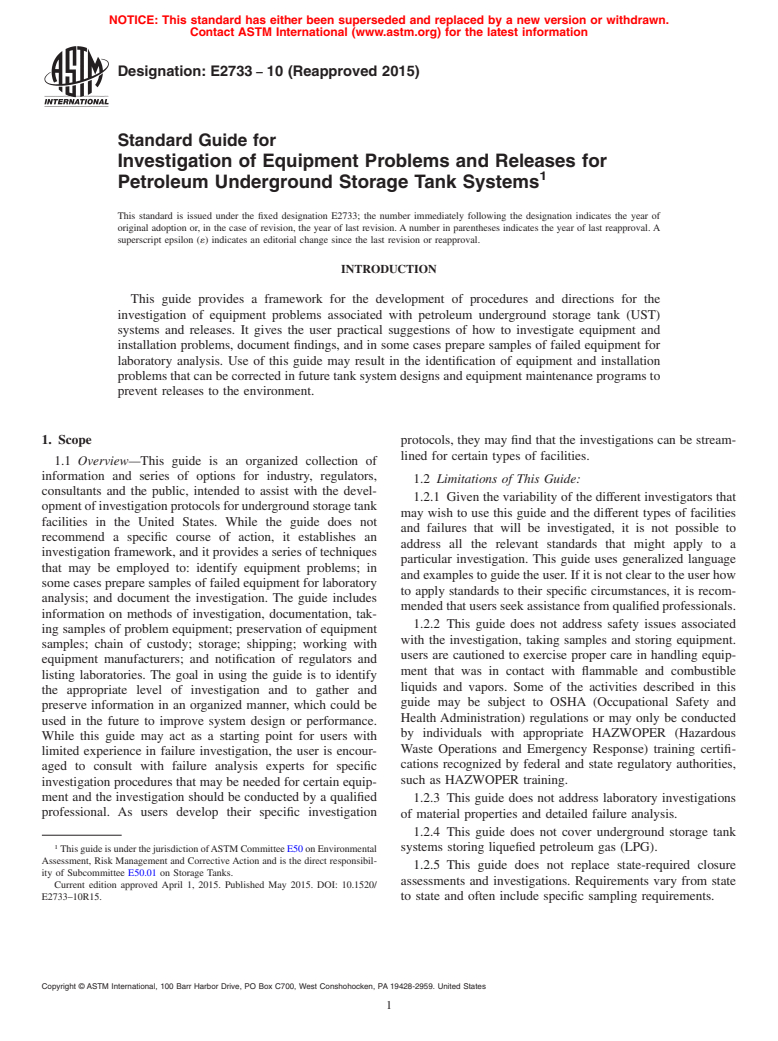 ASTM E2733-10(2015) - Standard Guide for  Investigation of Equipment Problems and Releases for Petroleum  Underground Storage Tank Systems