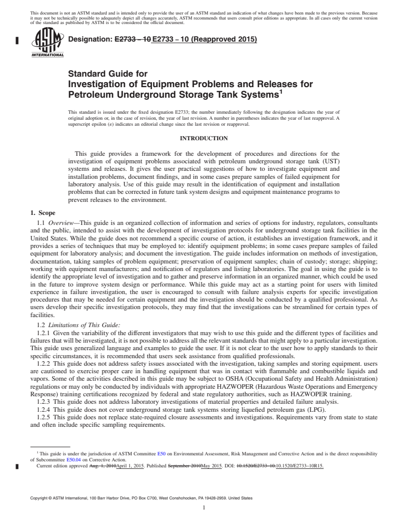 REDLINE ASTM E2733-10(2015) - Standard Guide for  Investigation of Equipment Problems and Releases for Petroleum  Underground Storage Tank Systems