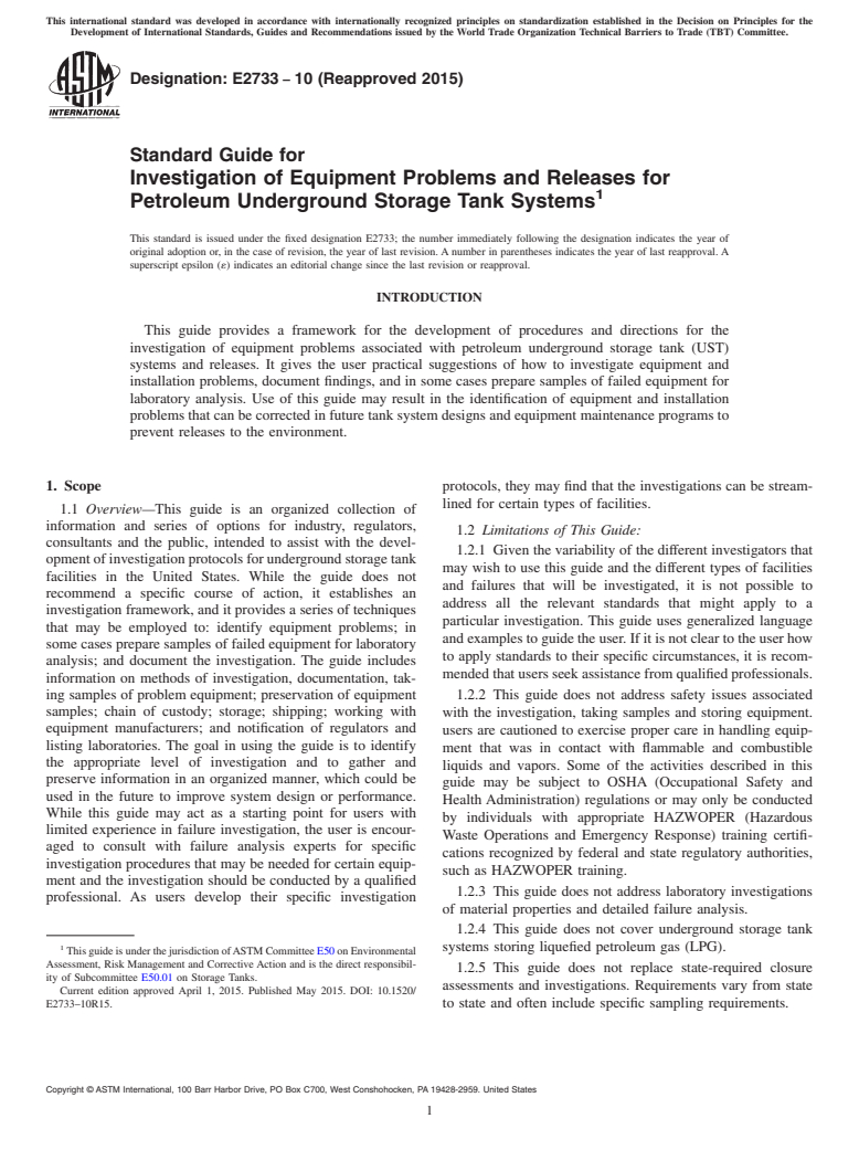 ASTM E2733-10(2015) - Standard Guide for  Investigation of Equipment Problems and Releases for Petroleum  Underground Storage Tank Systems