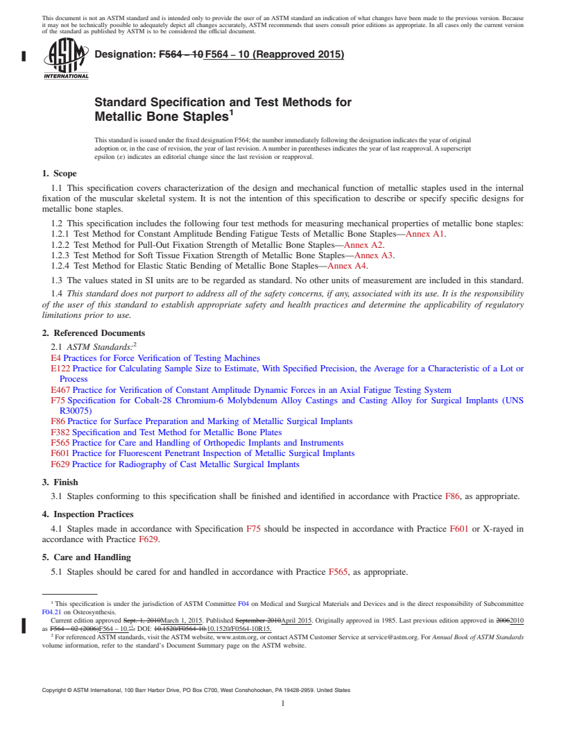 REDLINE ASTM F564-10(2015) - Standard Specification and Test Methods for  Metallic Bone Staples