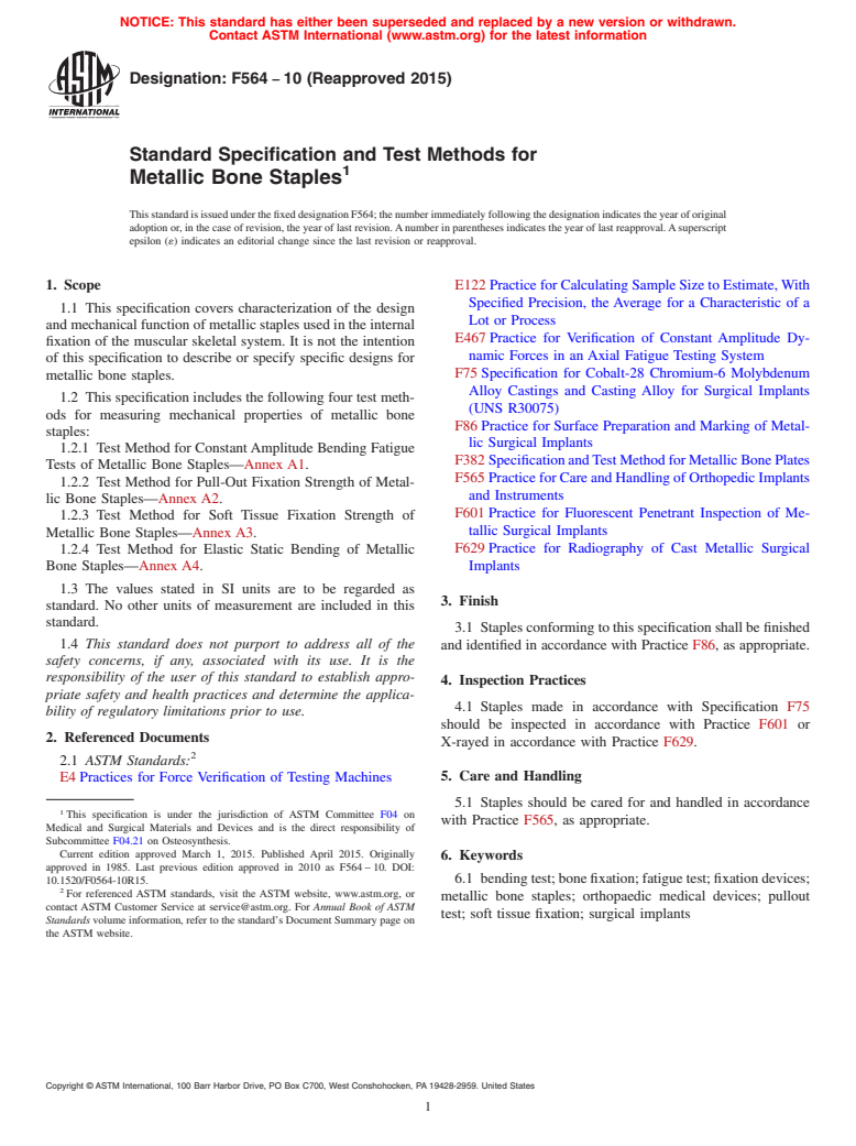 ASTM F564-10(2015) - Standard Specification and Test Methods for  Metallic Bone Staples