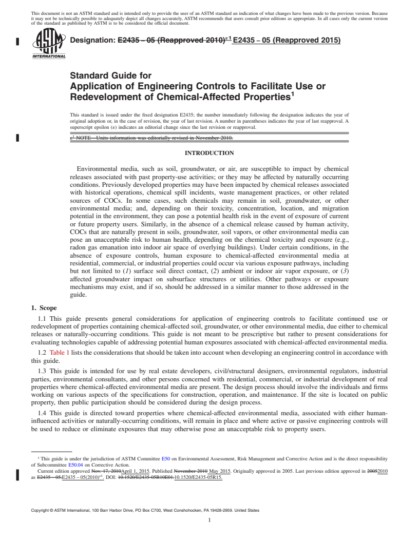 REDLINE ASTM E2435-05(2015) - Standard Guide for  Application of Engineering Controls to Facilitate Use or Redevelopment    of Chemical-Affected Properties