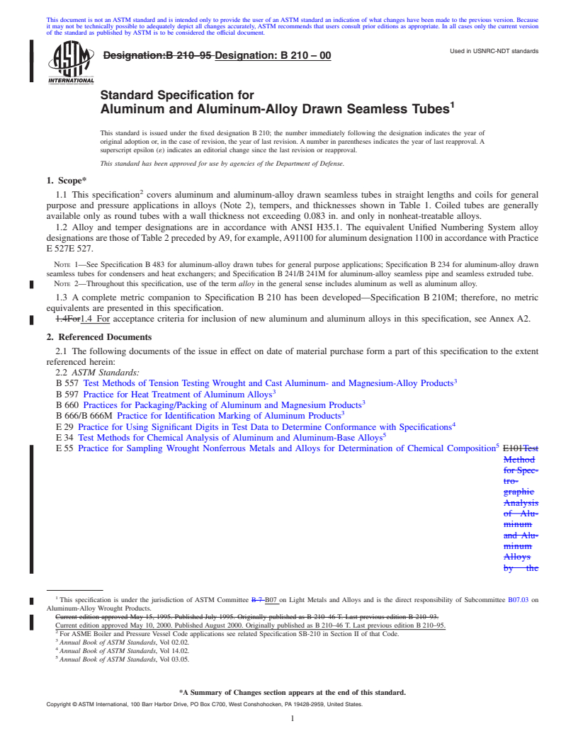 REDLINE ASTM B210-00 - Standard Specification for Aluminum and Aluminum-Alloy Drawn Seamless Tubes