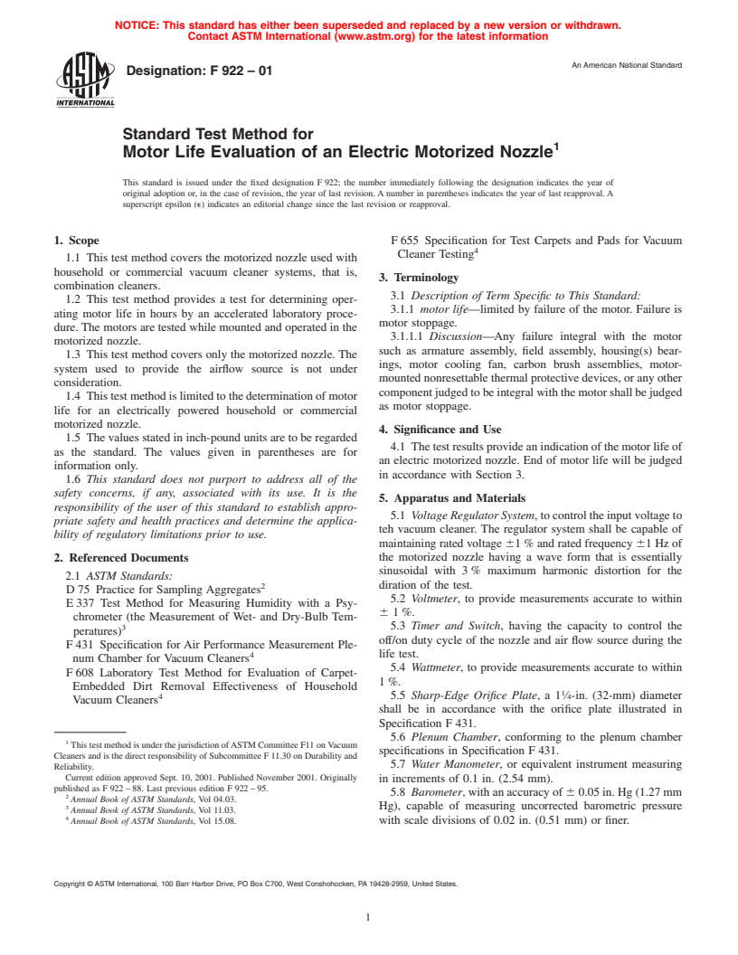 ASTM F922-01 - Standard Test Method for Motor Life Evaluation of an Electric Motorized Nozzle