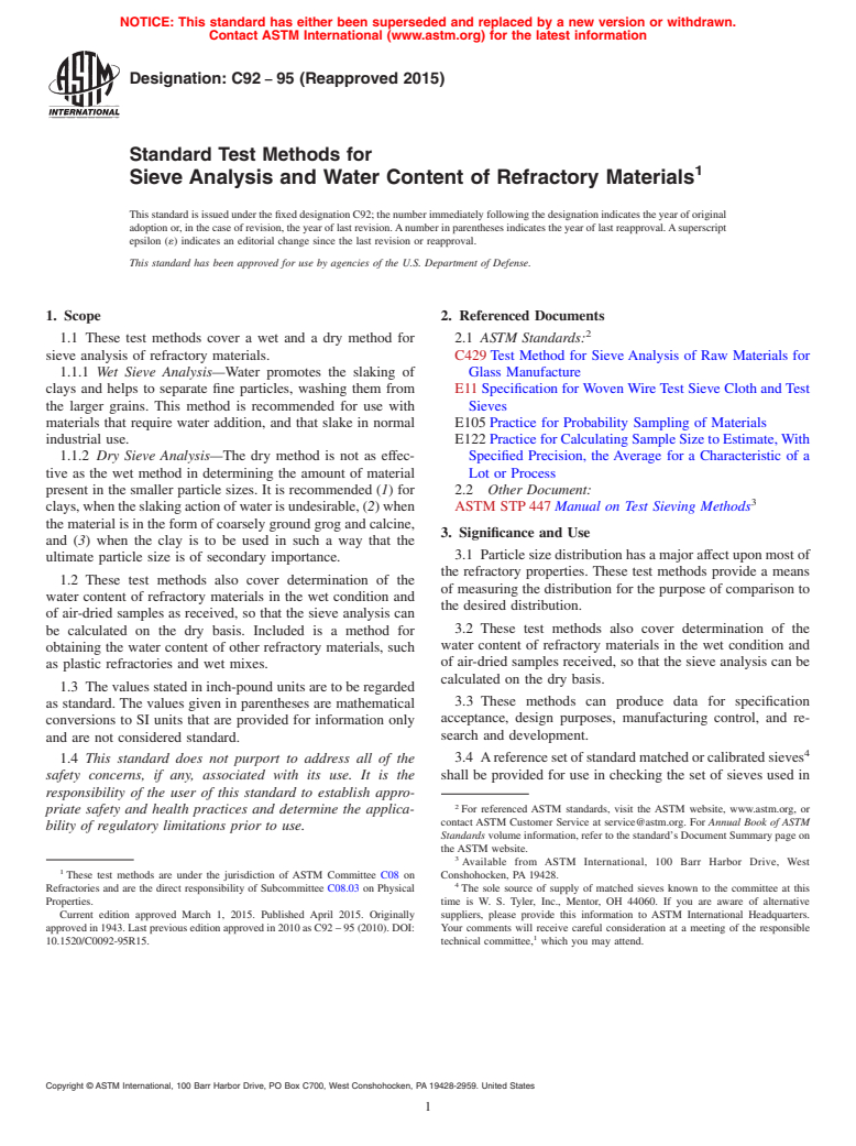 ASTM C92-95(2015) - Standard Test Methods for  Sieve Analysis and Water Content of Refractory Materials