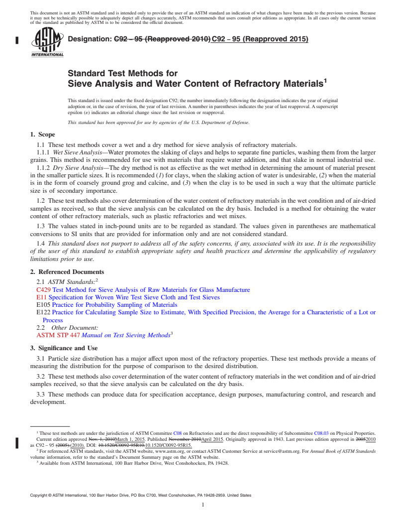 REDLINE ASTM C92-95(2015) - Standard Test Methods for  Sieve Analysis and Water Content of Refractory Materials