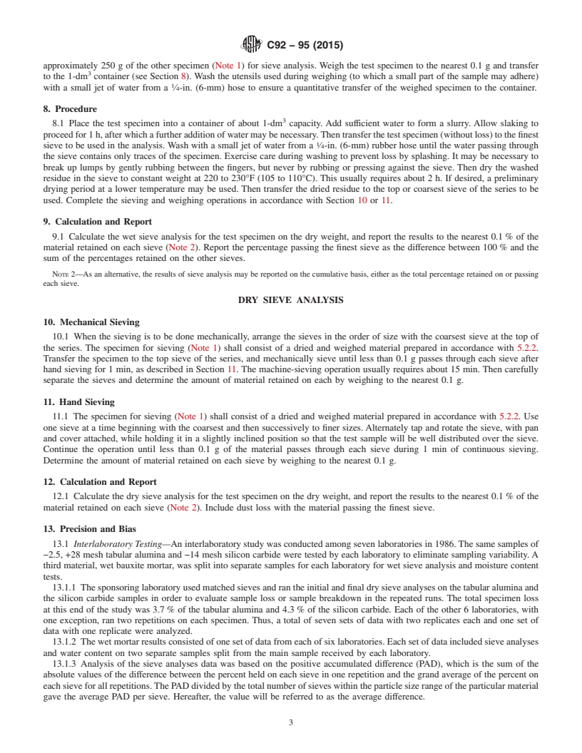 REDLINE ASTM C92-95(2015) - Standard Test Methods for  Sieve Analysis and Water Content of Refractory Materials