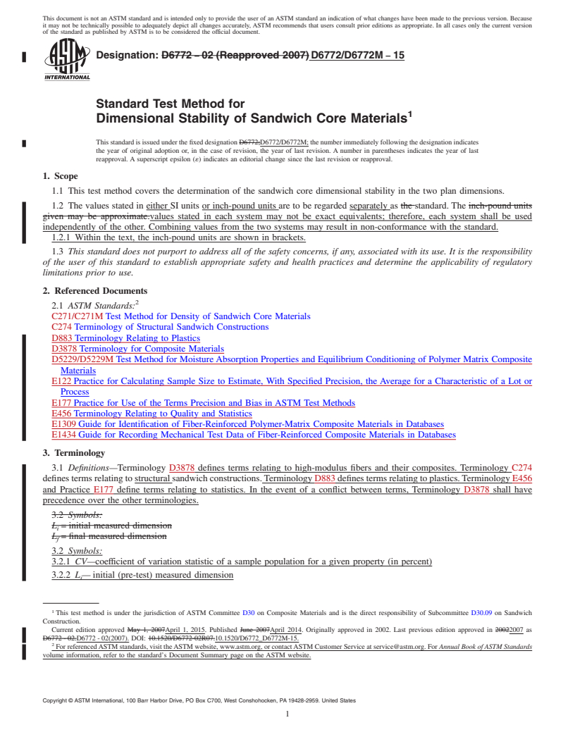 REDLINE ASTM D6772/D6772M-15 - Standard Test Method for  Dimensional Stability of Sandwich Core Materials