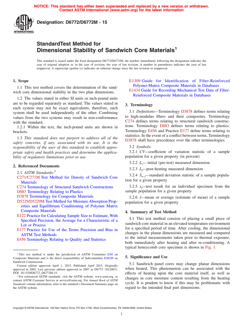 ASTM D6772/D6772M-15 - Standard Test Method for  Dimensional Stability of Sandwich Core Materials