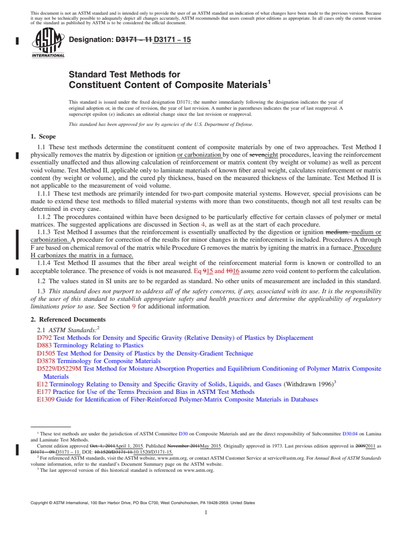 REDLINE ASTM D3171-15 - Standard Test Methods for  Constituent Content of Composite Materials