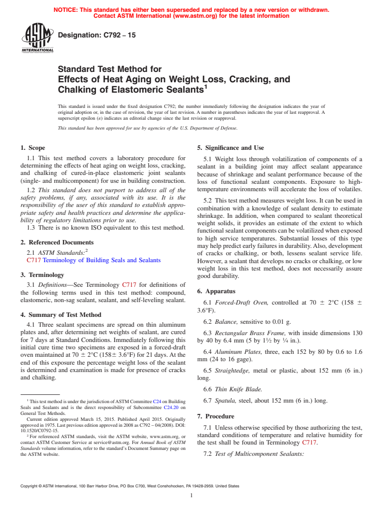 ASTM C792-15 - Standard Test Method for  Effects of Heat Aging on Weight Loss, Cracking, and Chalking  of Elastomeric Sealants
