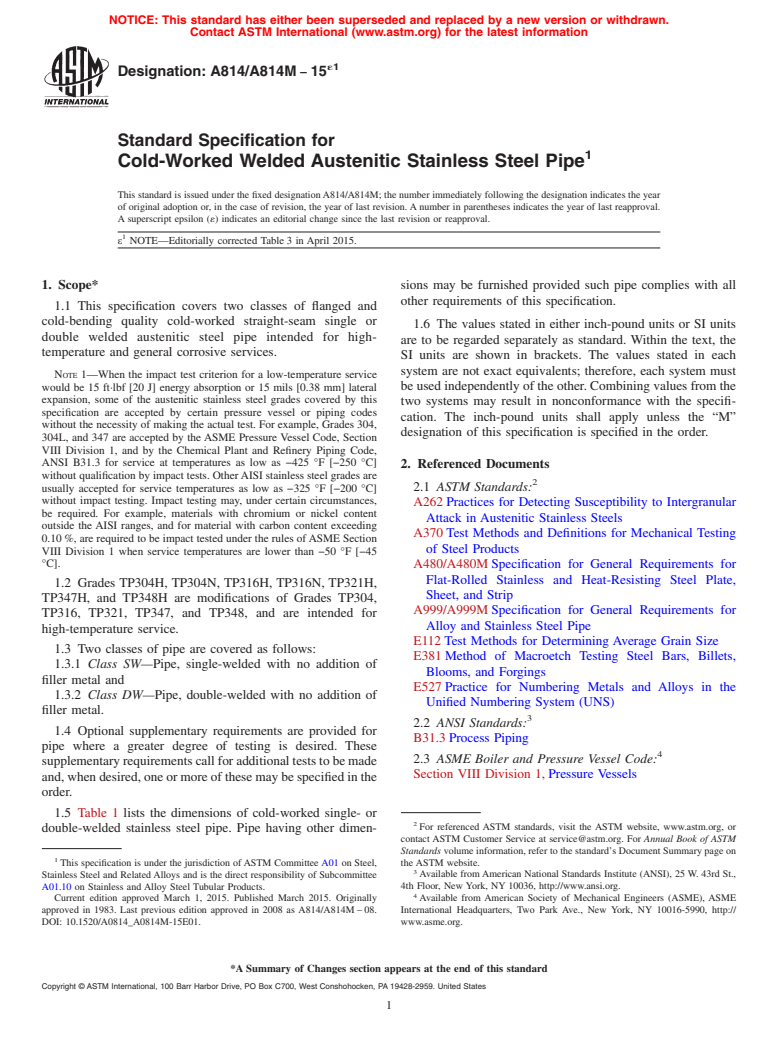 ASTM A814/A814M-15e1 - Standard Specification for  Cold-Worked Welded Austenitic Stainless Steel Pipe