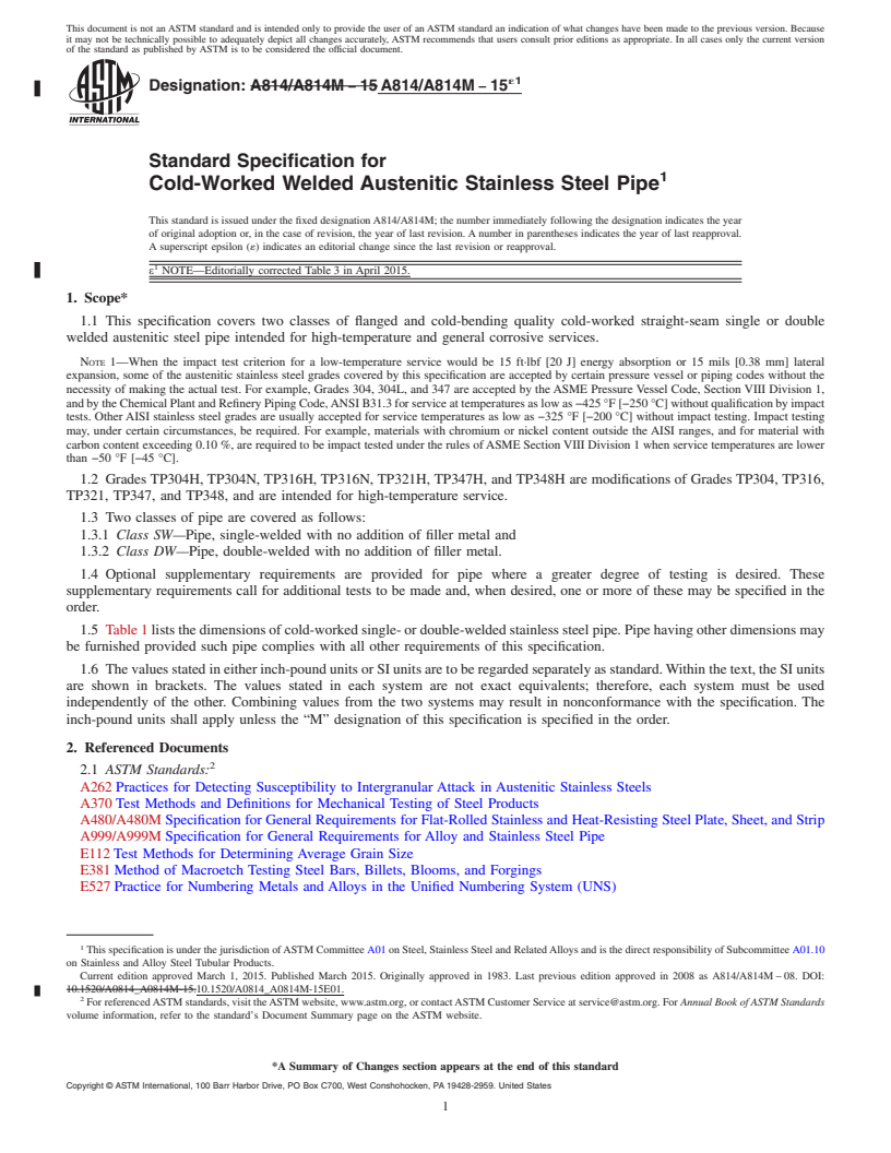 REDLINE ASTM A814/A814M-15e1 - Standard Specification for  Cold-Worked Welded Austenitic Stainless Steel Pipe