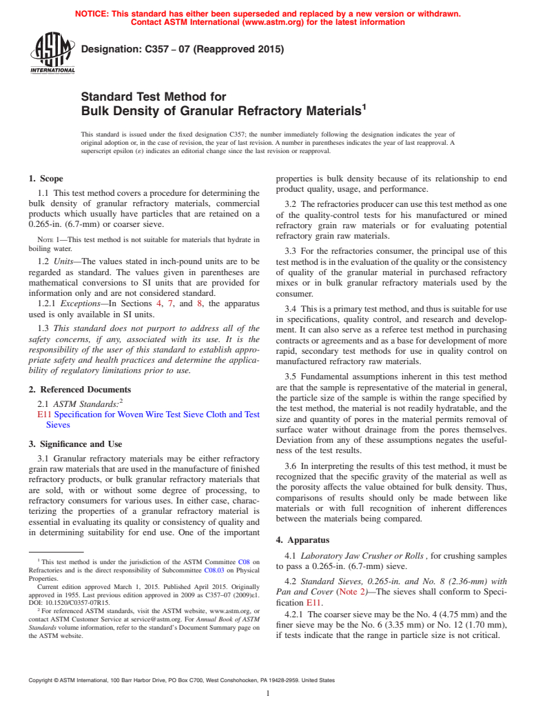 ASTM C357-07(2015) - Standard Test Method for  Bulk Density of Granular Refractory Materials