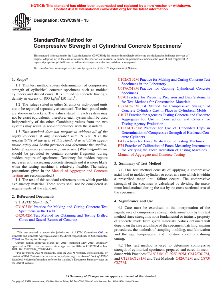 ASTM C39/C39M-15 - Standard Test Method for  Compressive Strength of Cylindrical Concrete Specimens