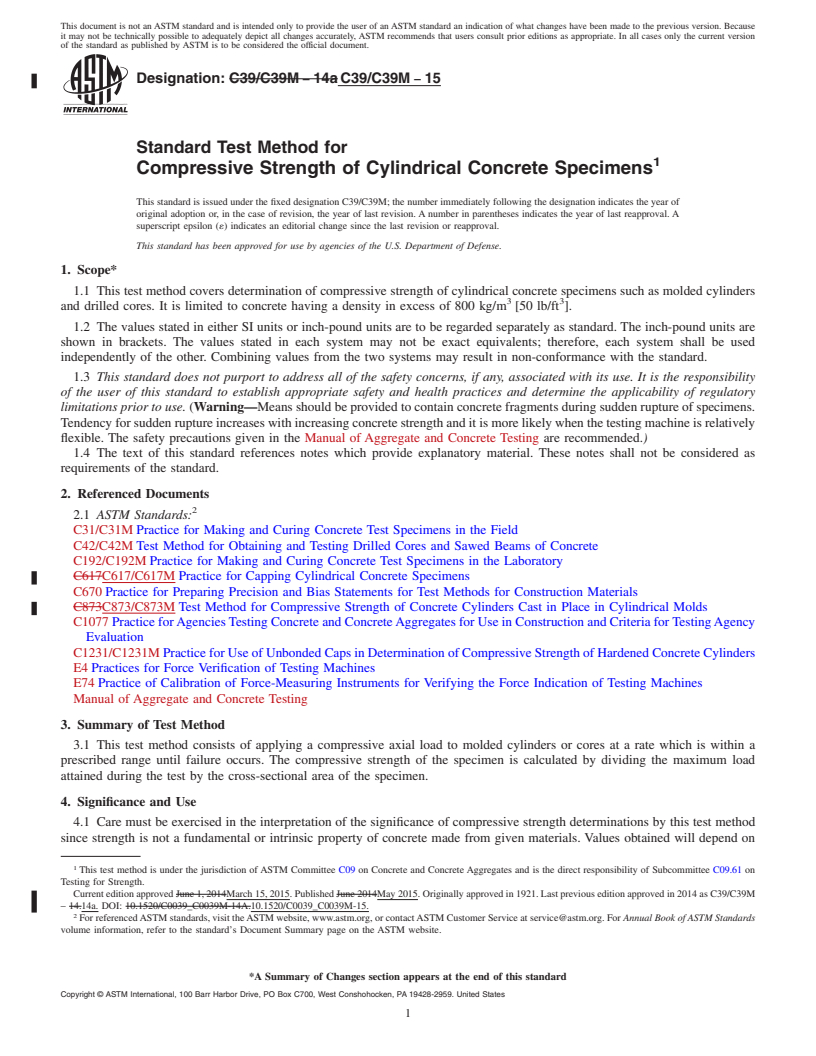 REDLINE ASTM C39/C39M-15 - Standard Test Method for  Compressive Strength of Cylindrical Concrete Specimens