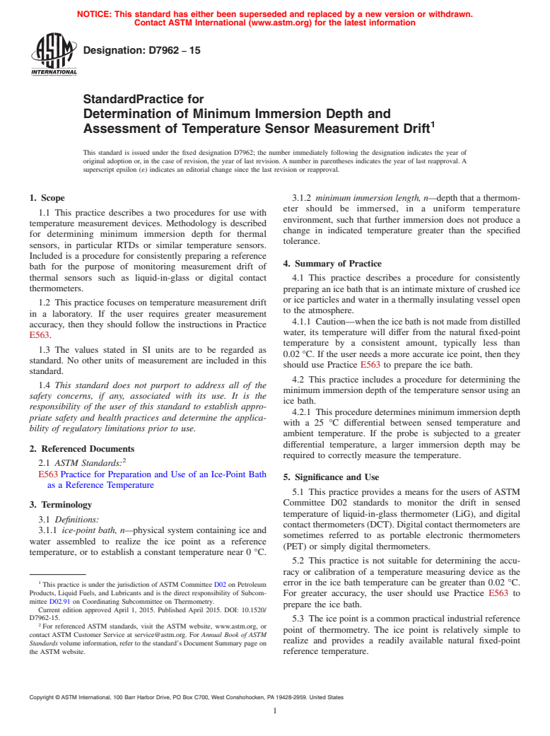 ASTM D7962-15 - Standard Practice for Determination of Minimum Immersion Depth and Assessment of  Temperature Sensor Measurement Drift