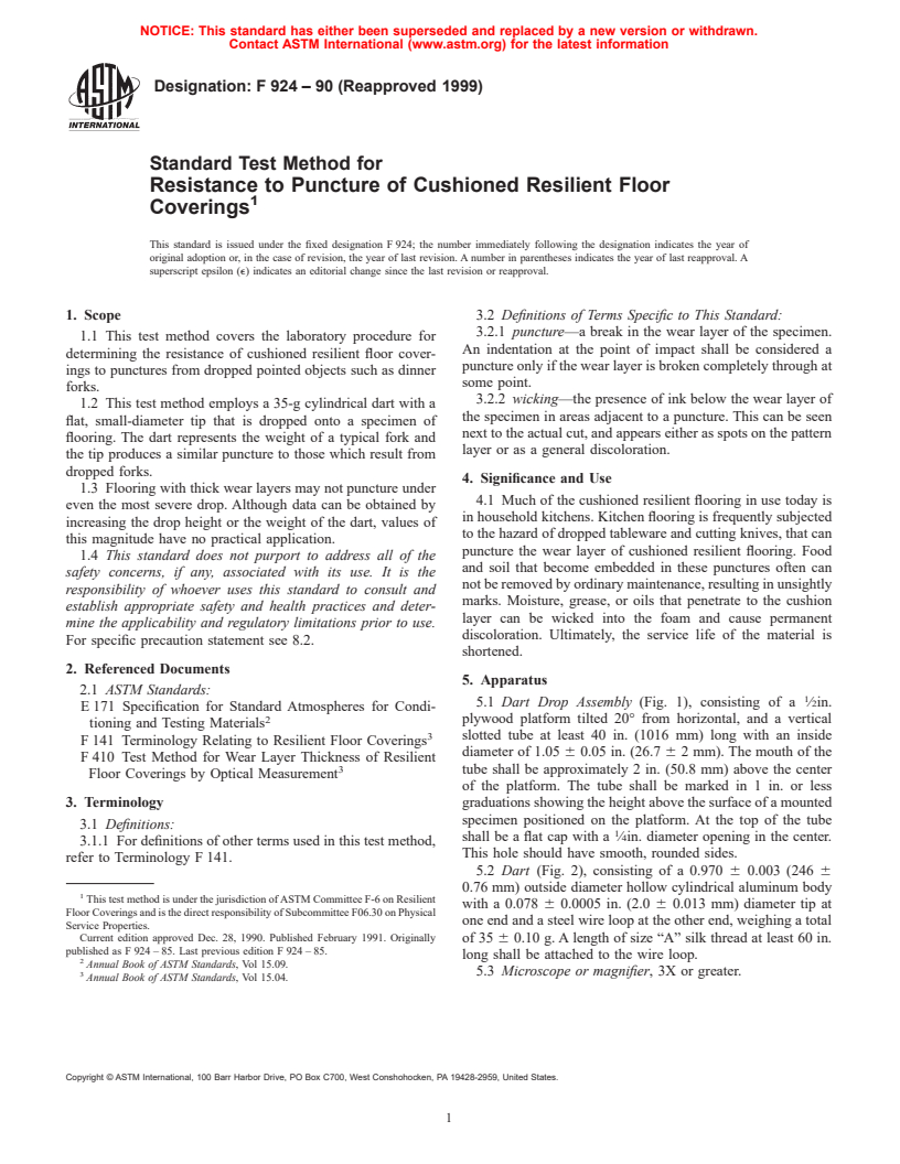 ASTM F924-90(1999) - Standard Test Method for Resistance to Puncture of Cushioned Resilient Floor Coverings