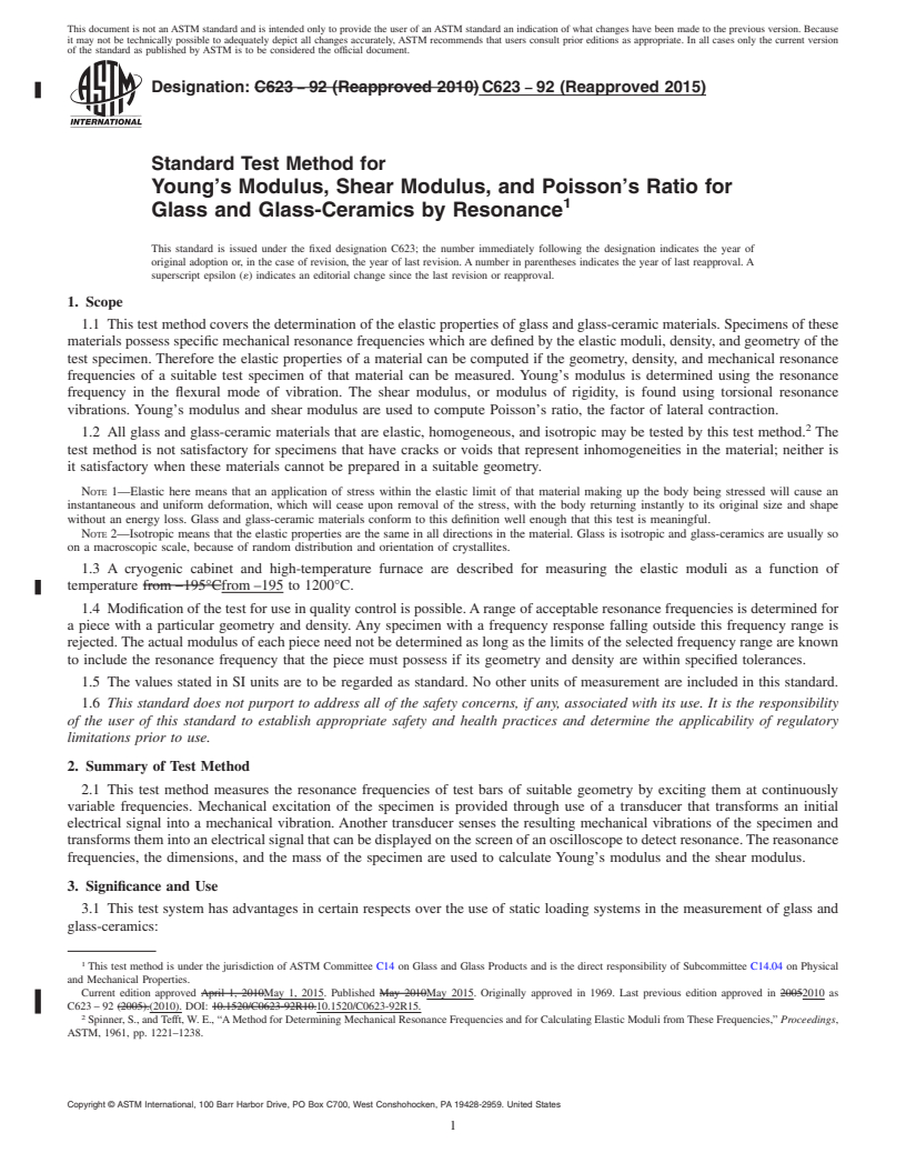 REDLINE ASTM C623-92(2015) - Standard Test Method for  Young's Modulus, Shear Modulus, and Poisson's Ratio for Glass   and Glass-Ceramics by Resonance