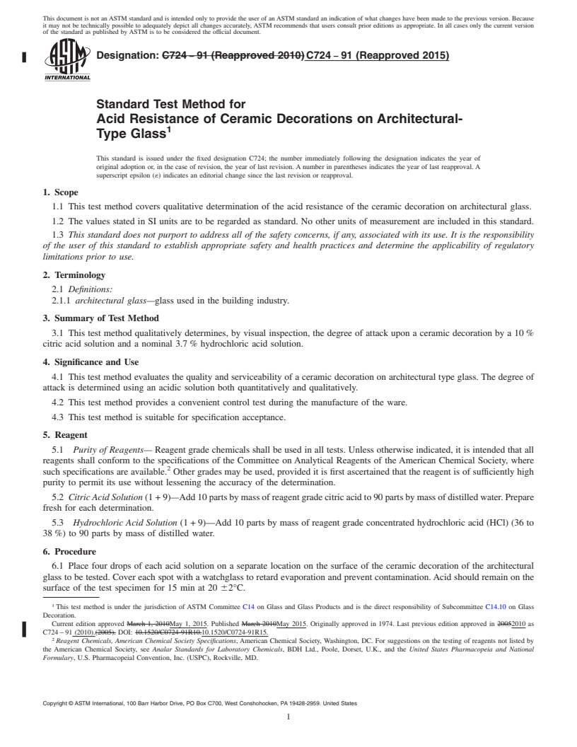 REDLINE ASTM C724-91(2015) - Standard Test Method for  Acid Resistance of Ceramic Decorations on Architectural-Type   Glass