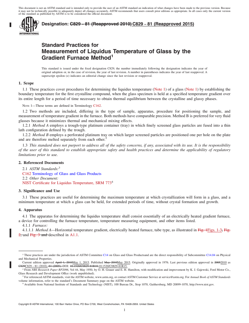 REDLINE ASTM C829-81(2015) - Standard Practices for  Measurement of Liquidus Temperature of Glass by the Gradient   Furnace Method