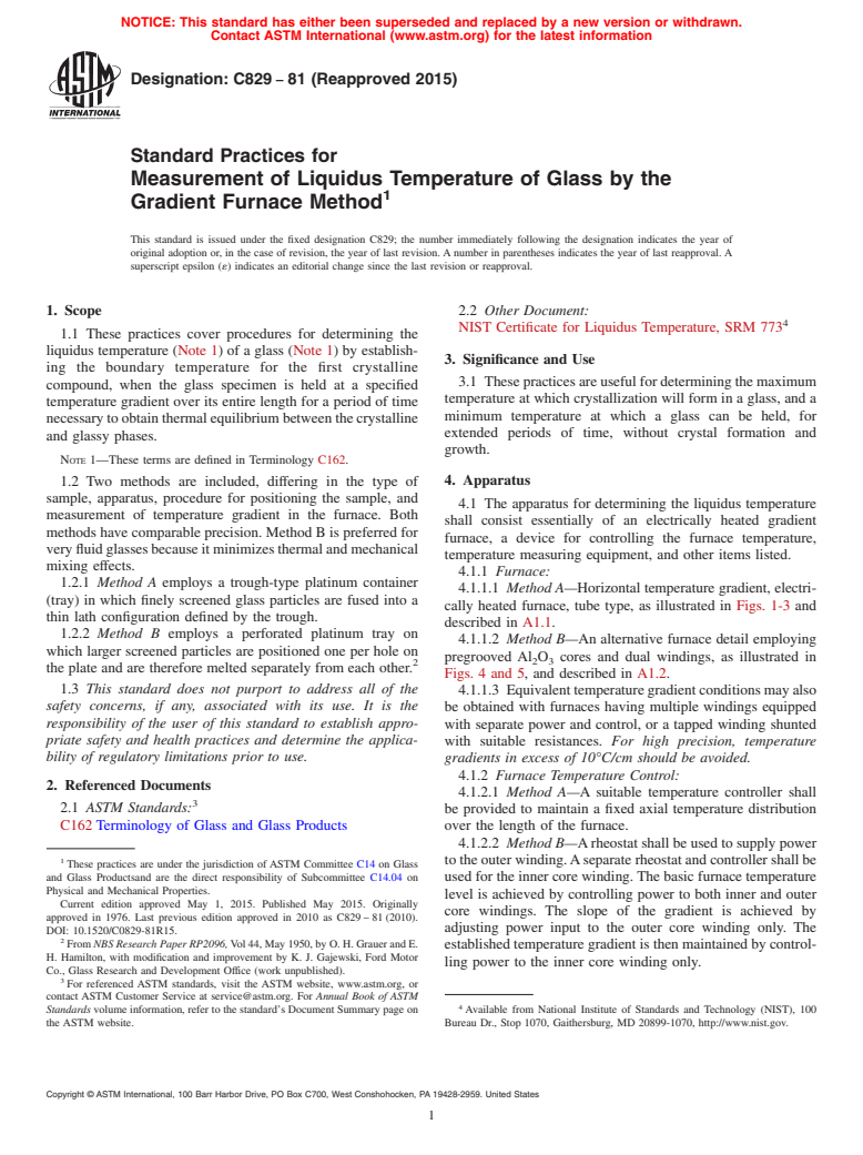 ASTM C829-81(2015) - Standard Practices for  Measurement of Liquidus Temperature of Glass by the Gradient   Furnace Method