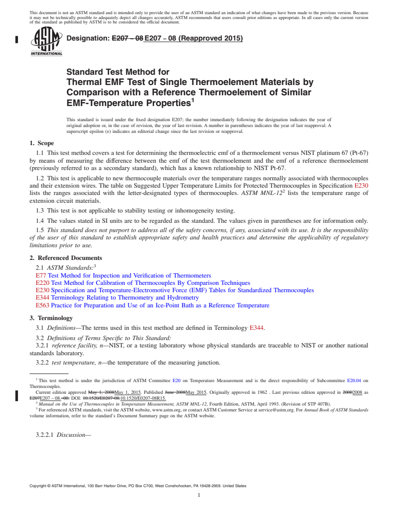 REDLINE ASTM E207-08(2015) - Standard Test Method for  Thermal EMF Test of Single Thermoelement Materials by Comparison   with a Reference Thermoelement of Similar EMF-Temperature Properties