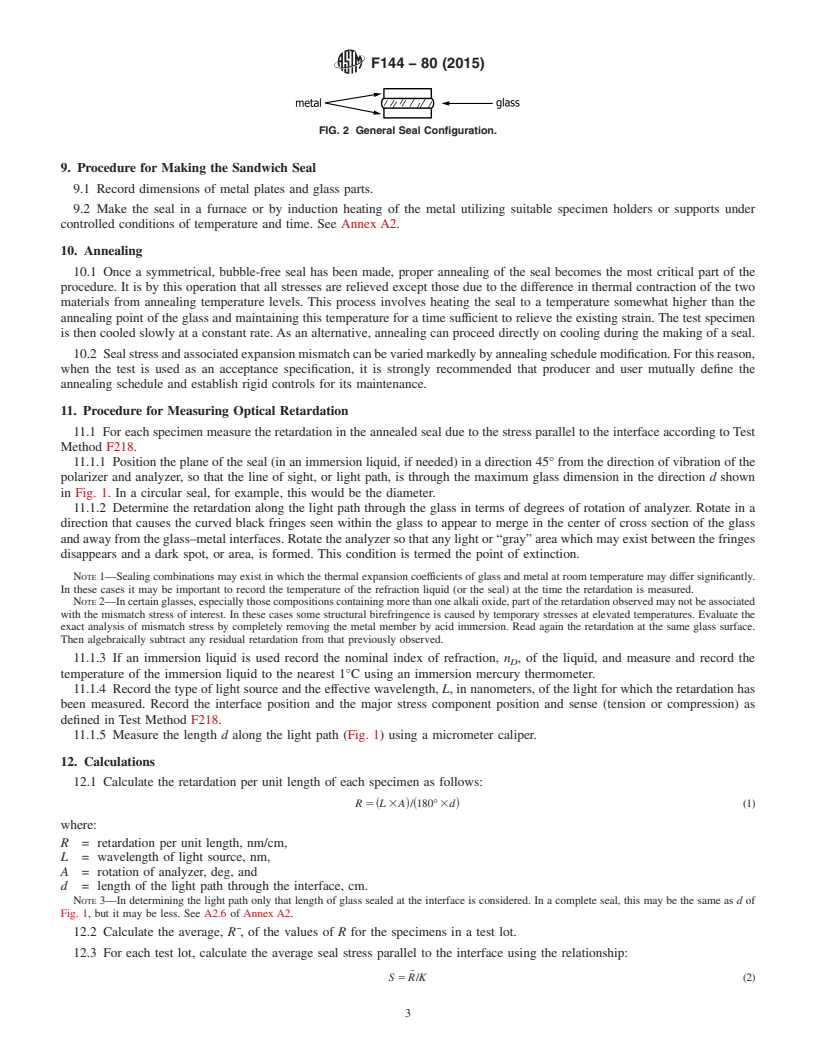 REDLINE ASTM F144-80(2015) - Standard Practice for  Making Reference Glass-Metal Sandwich Seal and Testing for   Expansion Characteristics by Polarimetric Methods