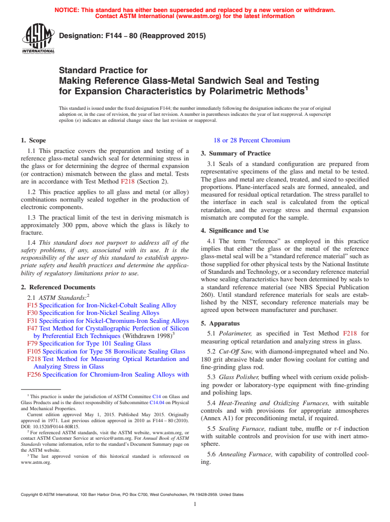 ASTM F144-80(2015) - Standard Practice for  Making Reference Glass-Metal Sandwich Seal and Testing for   Expansion Characteristics by Polarimetric Methods