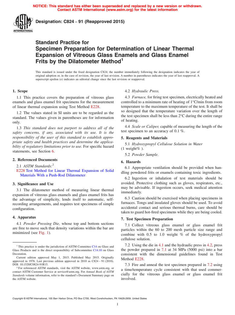 ASTM C824-91(2015) - Standard Practice for  Specimen Preparation for Determination of Linear Thermal Expansion   of Vitreous Glass Enamels and Glass Enamel Frits by the Dilatometer   Method