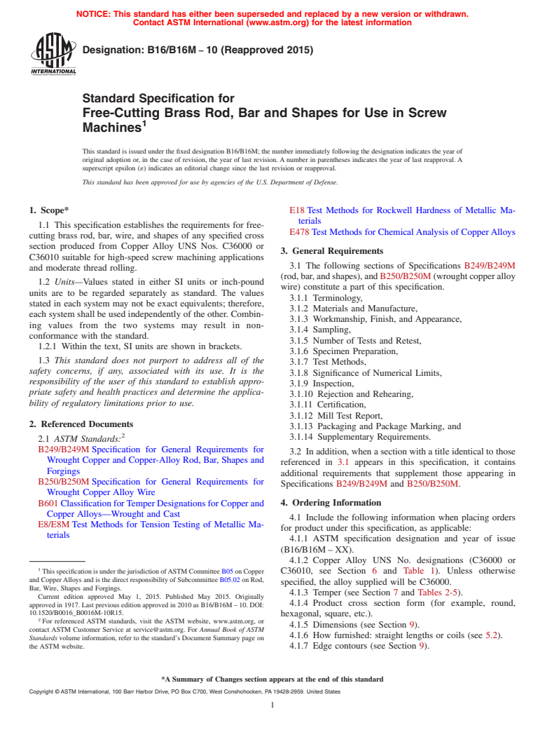 ASTM B16/B16M-10(2015) - Standard Specification for Free-Cutting Brass Rod, Bar and Shapes for Use in Screw Machines