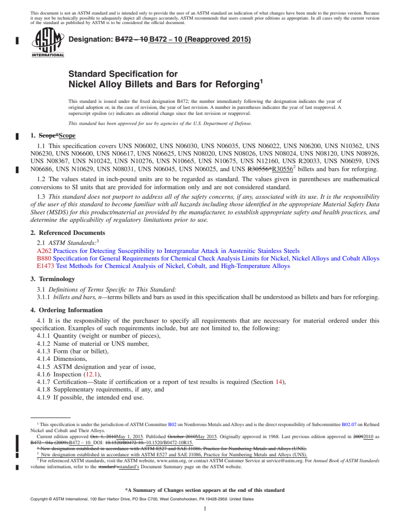 REDLINE ASTM B472-10(2015) - Standard Specification for Nickel Alloy Billets and Bars for Reforging