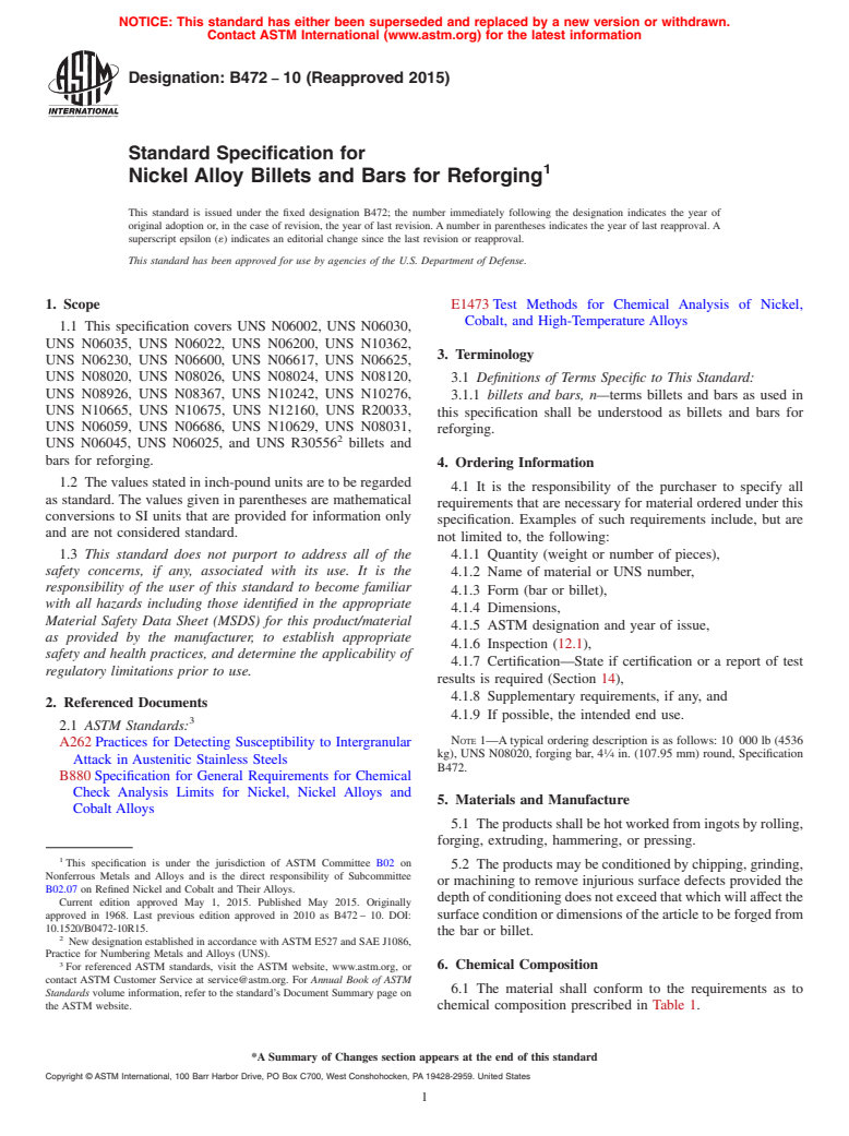 ASTM B472-10(2015) - Standard Specification for Nickel Alloy Billets and Bars for Reforging