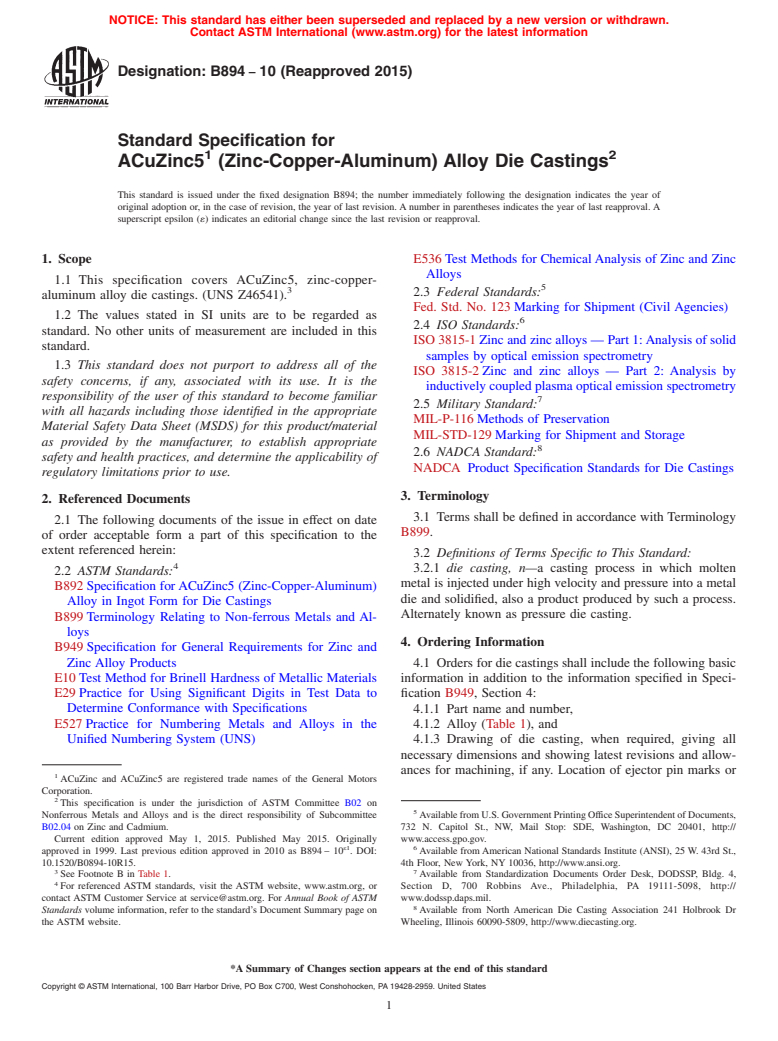 ASTM B894-10(2015) - Standard Specification for ACuZinc5