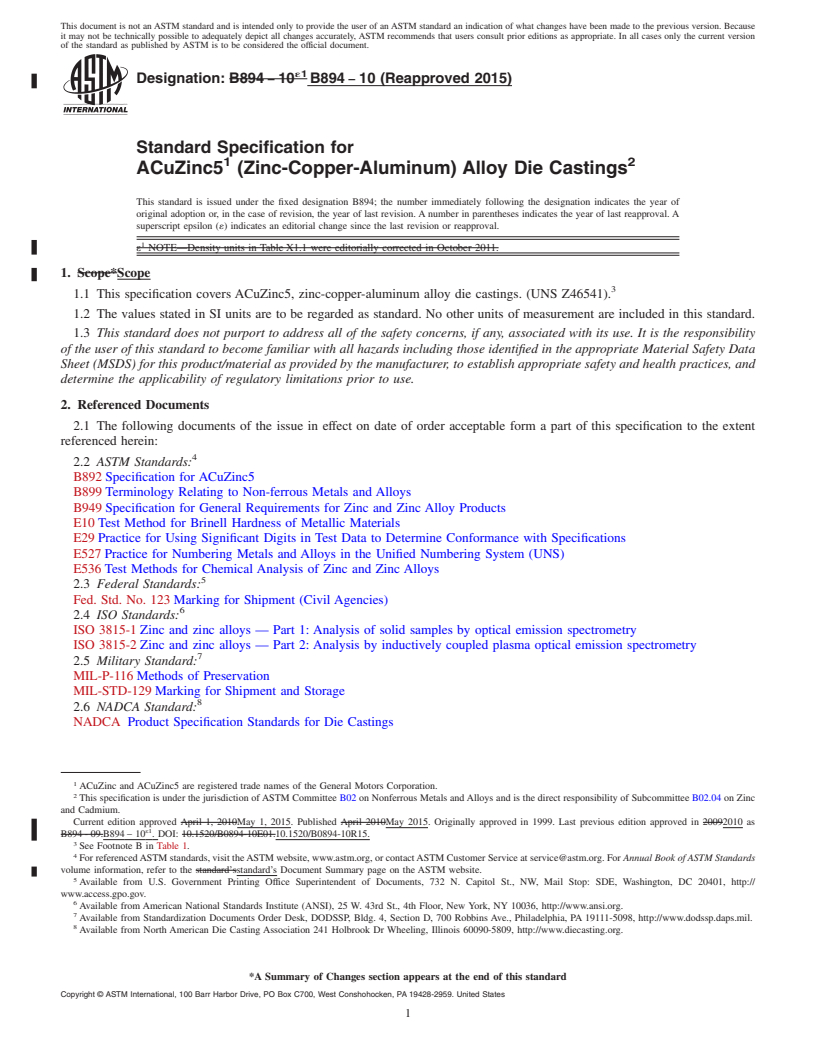 REDLINE ASTM B894-10(2015) - Standard Specification for ACuZinc5