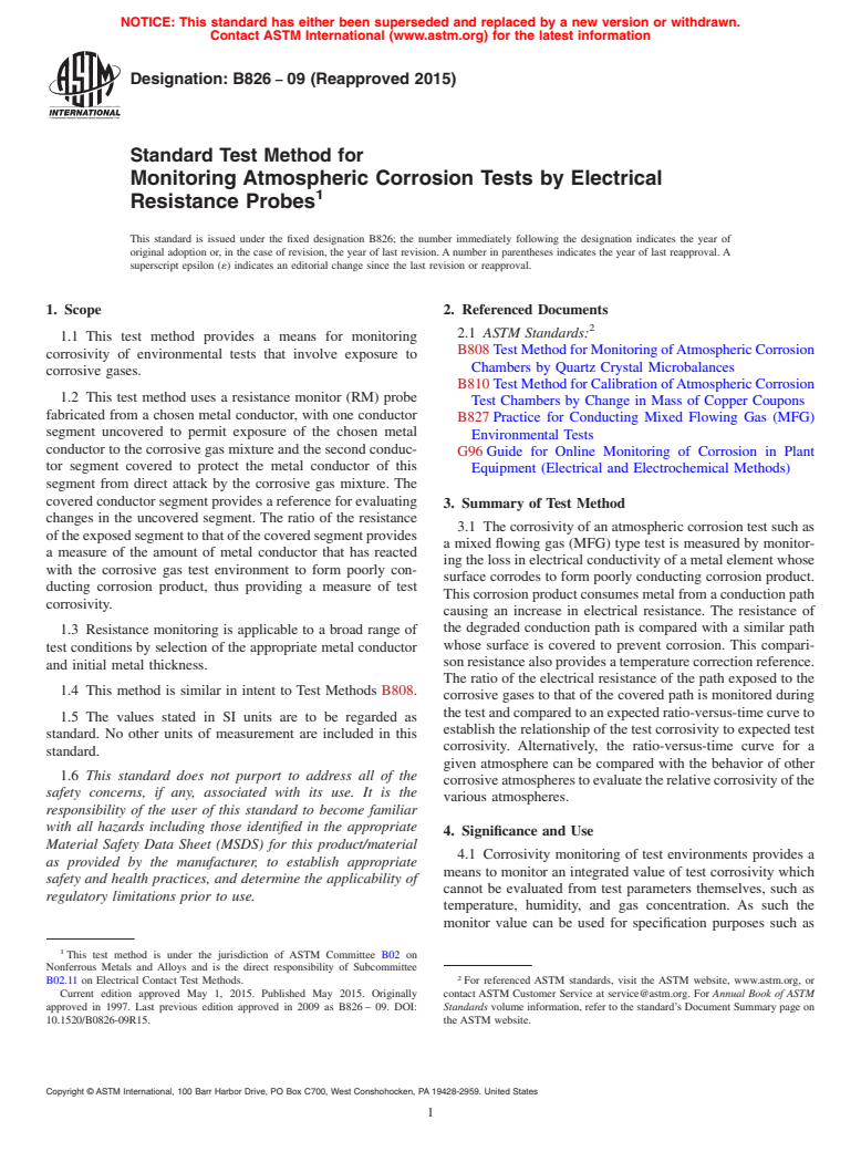 ASTM B826-09(2015) - Standard Test Method for Monitoring Atmospheric Corrosion Tests by Electrical Resistance  Probes