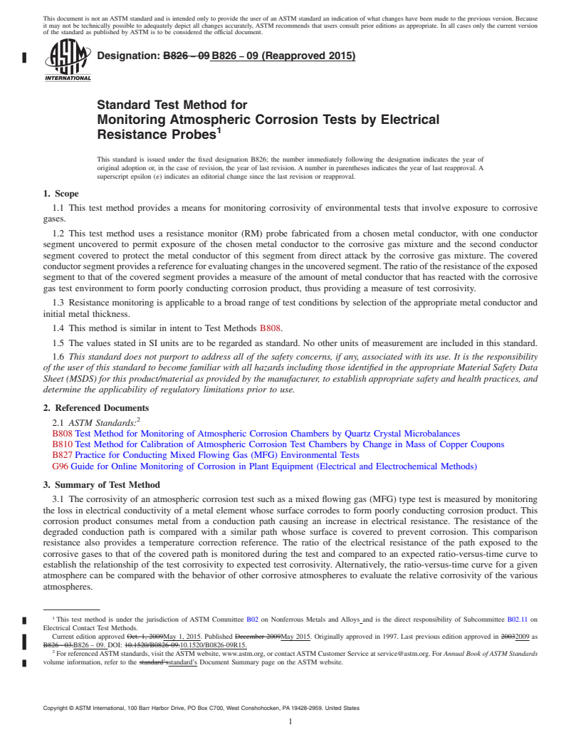 REDLINE ASTM B826-09(2015) - Standard Test Method for Monitoring Atmospheric Corrosion Tests by Electrical Resistance  Probes