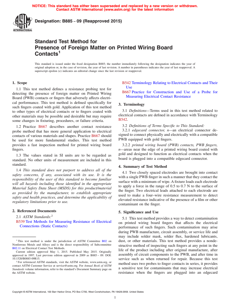 ASTM B885-09(2015) - Standard Test Method for Presence of Foreign Matter on Printed Wiring Board Contacts