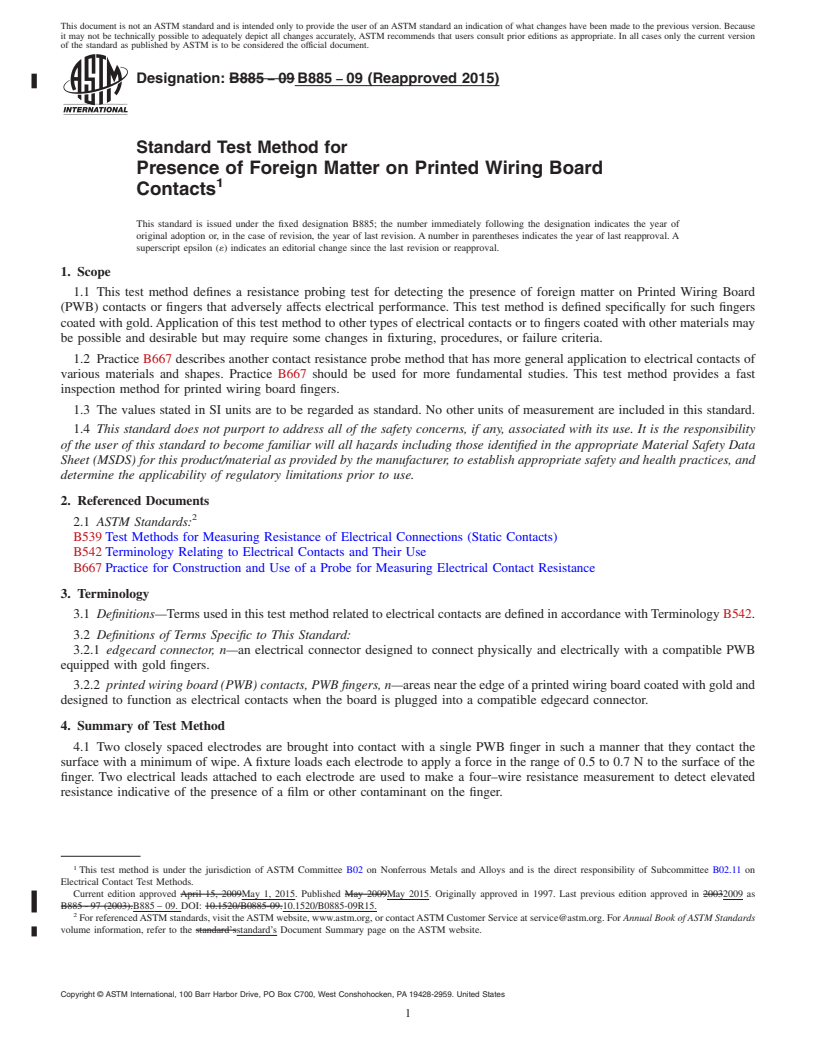 REDLINE ASTM B885-09(2015) - Standard Test Method for Presence of Foreign Matter on Printed Wiring Board Contacts