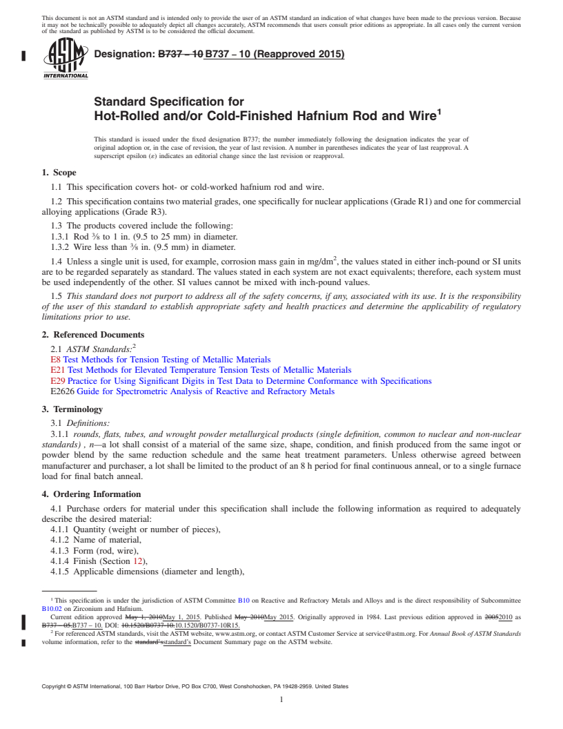 REDLINE ASTM B737-10(2015) - Standard Specification for Hot-Rolled and/or Cold-Finished Hafnium Rod and Wire