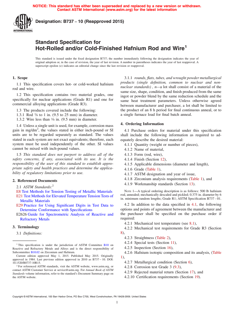 ASTM B737-10(2015) - Standard Specification for Hot-Rolled and/or Cold-Finished Hafnium Rod and Wire